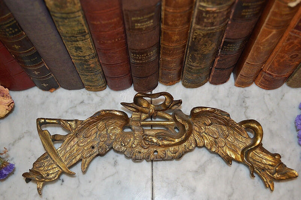 Antique French Pediment Eagle Wings Snake Sickle Napoleonic Gilt Brass Mount