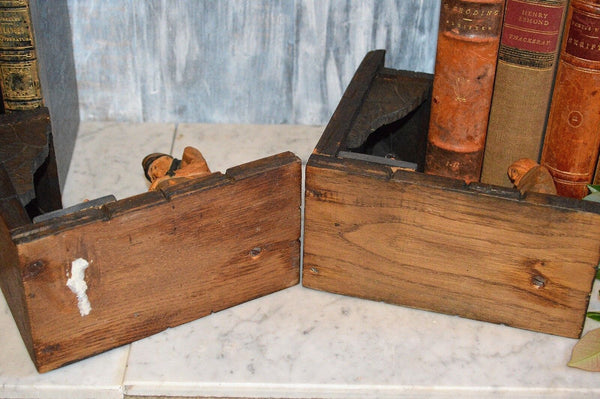Antique Pair Black Forest Bookends Carved Wood Fireplace Figural Male Female Dog