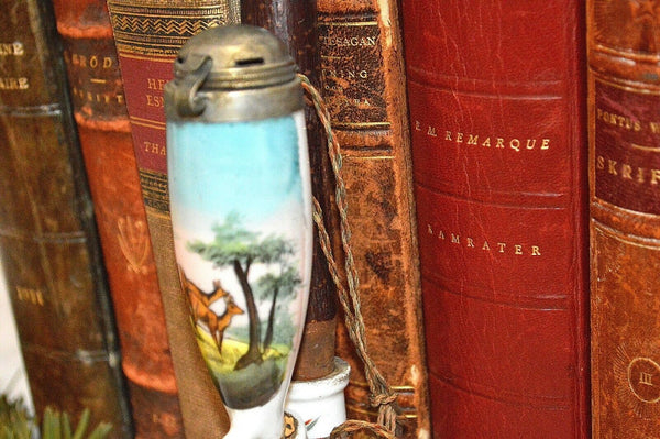 Antique German Hunt Scene Deer Pipe Porcelain Wood Horn Ebony 25"