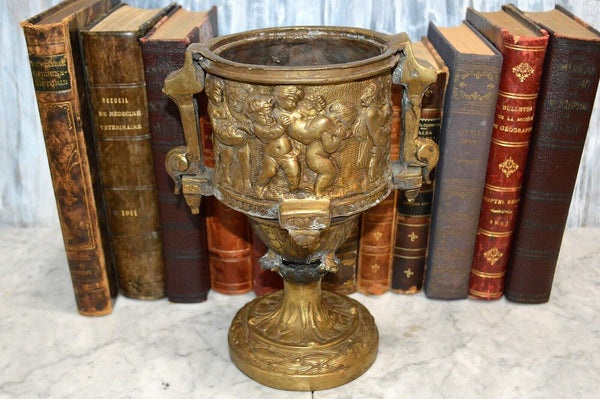 Antique French Bronze Heavy Pedestal Urn Handles Figural Cherubs Ram Relief