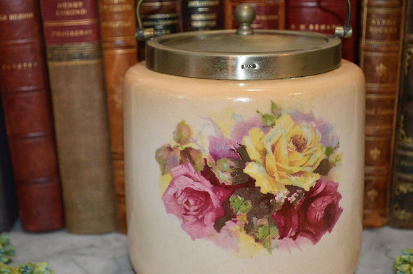 Antique English Biscuit Barrel Cookie Jar Blush With Yellow Pink and Red Roses