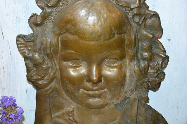 Antique French Large Bronze Cherub Face Head Wall Mount Pediment Figural Plaque