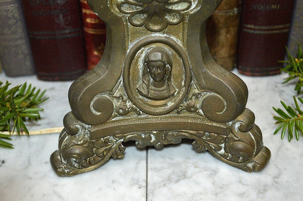 Antique French Bronze Altar Candlestick Lamp Double Socket Jesus Mary Joseph