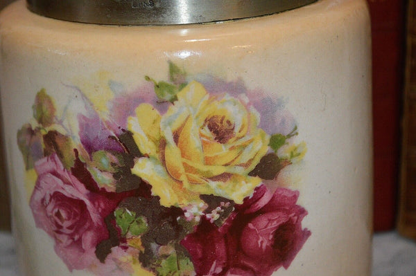 Antique English Biscuit Barrel Cookie Jar Blush With Yellow Pink and Red Roses