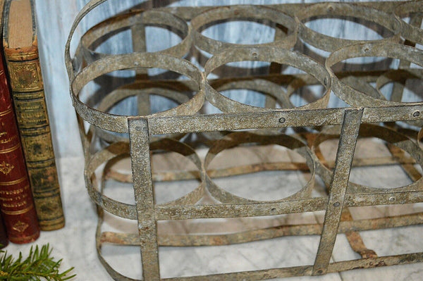 Antique French 8 Bottle Carrier Zinc with Wood Handle Caddy Holder