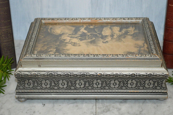 Antique Jewelry Dresser Box Interior Mirror Silver Wood Romantic Pastoral Scene