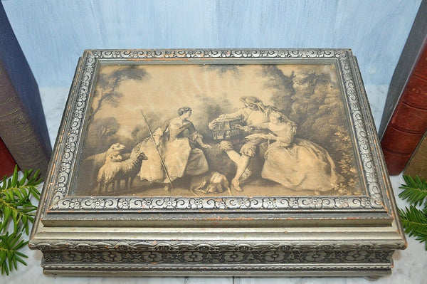 Antique Jewelry Dresser Box Interior Mirror Silver Wood Romantic Pastoral Scene