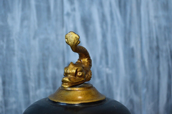 Vintage Faux Samovar Black Tole Chinoiserie Gilt Painted Dolphin Fish  Lion Paw