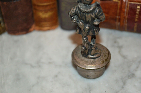 Antique French Silver Plated Bottle Stopper Figural Peasant Carrying Birds Geese