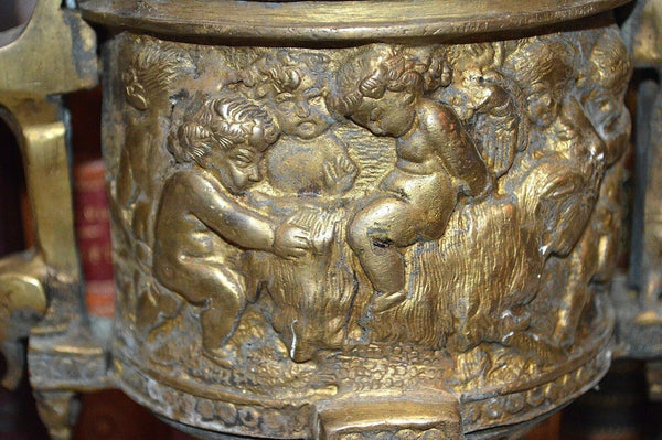 Antique French Bronze Heavy Pedestal Urn Handles Figural Cherubs Ram Relief