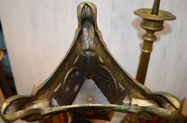 Antique Large French Pair Brass Altar Candle Holders Prickets 28" Jesus Dove