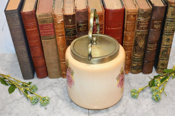 Antique English Biscuit Barrel Cookie Jar Blush With Yellow Pink and Red Roses