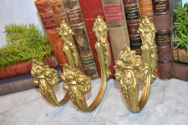 Antique Set of 3 French Gilt Bronze Ormolu Drapery Tie Back Hooks Floral Roses