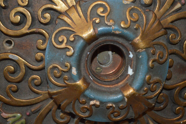 Antique Cast Plaster Polychrome Ceiling Medallion Rosette Light Fixture Gilded