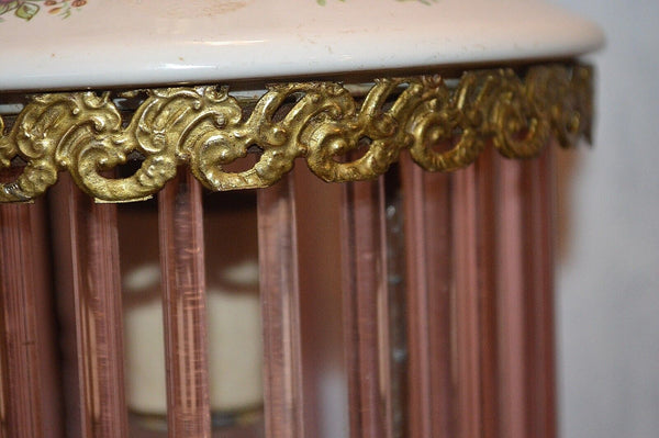 Antique Pendant Light Fixture Pink Glass Rods Cage Floral Porcelain Gilt Brass