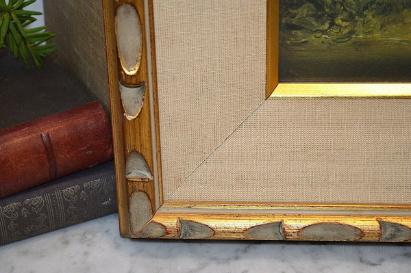 Antique Gilt Framed Lithograph Art Victorian Children Boy Girl Landscape Fishing