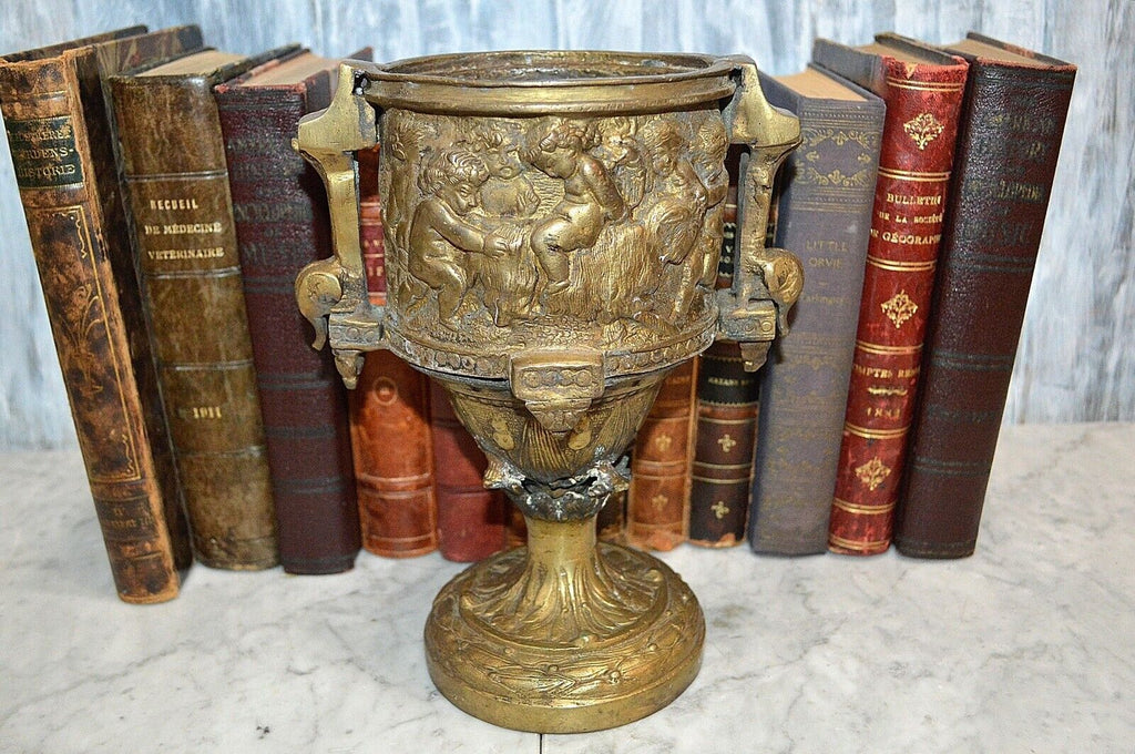 Antique French Bronze Heavy Pedestal Urn Handles Figural Cherubs Ram Relief