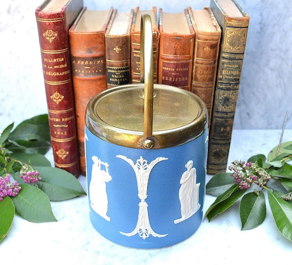 Antique Jasper Dudson England Blue Jasperware Biscuit Barrel Jar Classic Figures