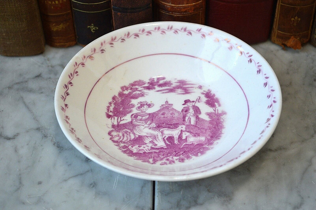 Antique Small English Staffordshire Bowl Pastoral Sheep Transferware Pink Lustre