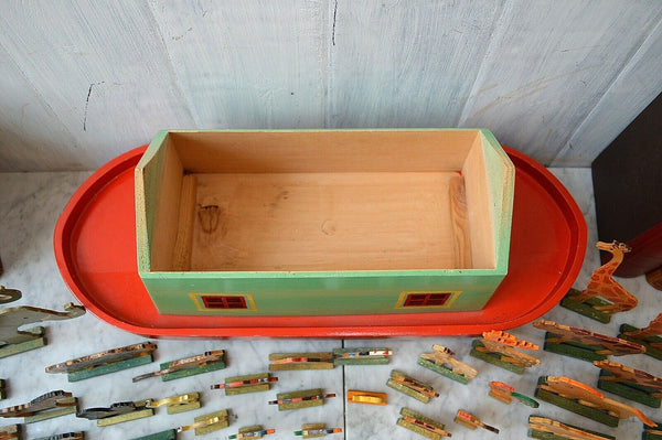 Antique German Noah's Ark Toy on Wheels Wooden 32 Animals Noah and Wife