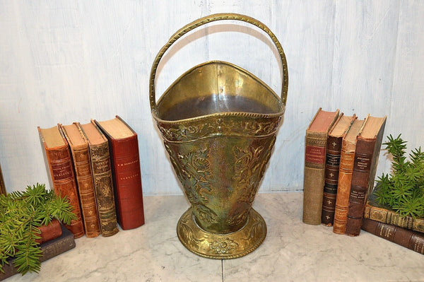 Antique Victorian Embossed Griffins Gargoyles Brass Coal Log Kindling Bucket
