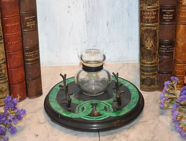 Antique Malachite Black Marble Desk Set Inkwell Pen Stand