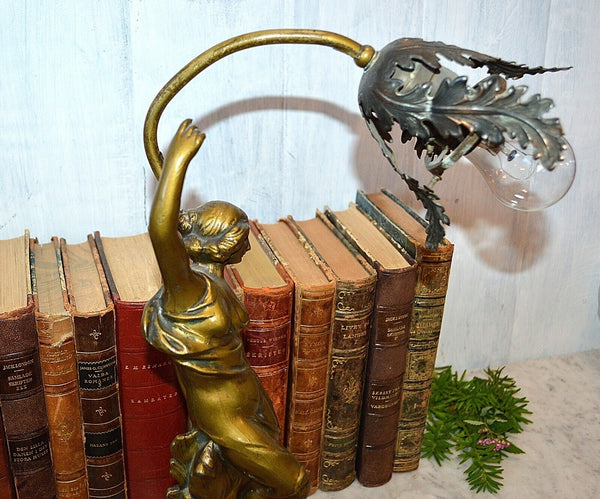 Antique Lamp Figural Female Art Nouveau Desk Table Brass FInish