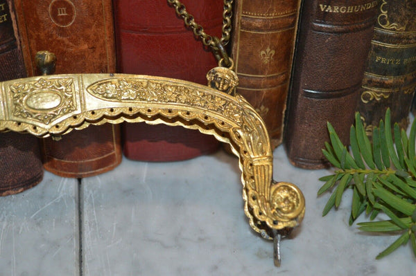 Antique French Gilt Brass Purse Frame Chain Jewel Cabochons Figural Cherub As Is
