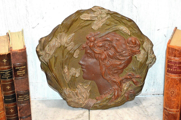 Antique Ernst Wahliss Art Nouveau Female Terracotta Relief Plaque Turn Wein