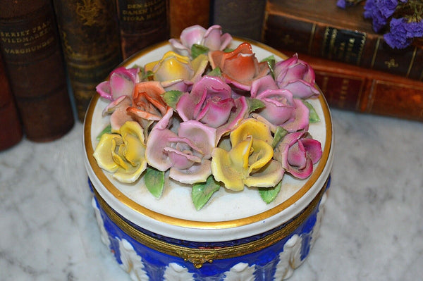 Antique German Porcelain Blue White Roses Jewelry Dresser Box Bronze