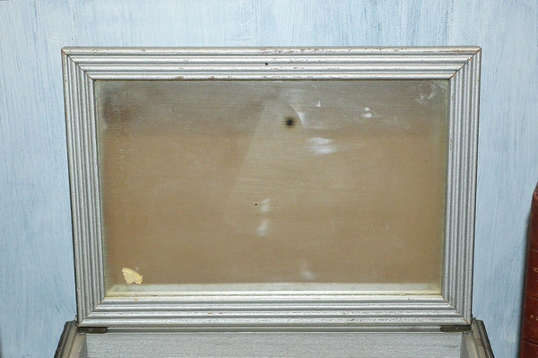 Antique Jewelry Dresser Box Interior Mirror Silver Wood Romantic Pastoral Scene