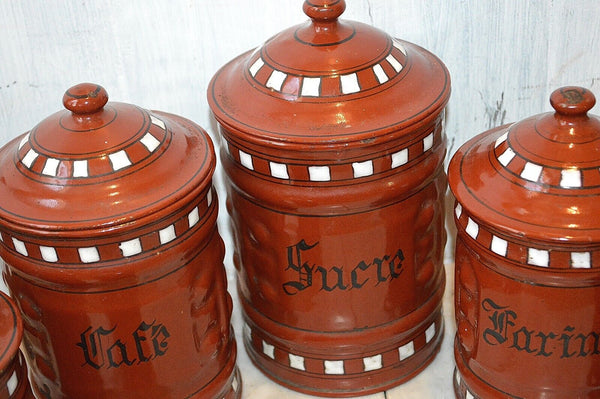 Vintage French Canister Set Red Enamel 6 Pieces Red White Black Enamelware