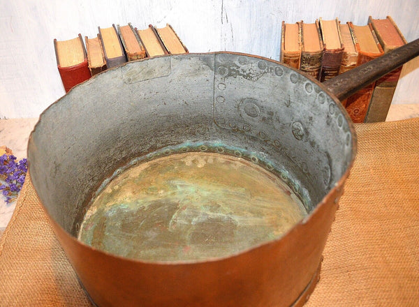 Antique Huge Copper Iron Riveted Pot Pan Wrought Iron Range Dovetailed 17lbs 14"