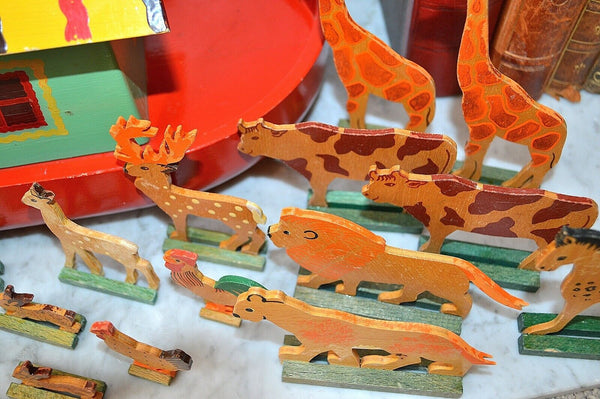 Antique German Noah's Ark Toy on Wheels Wooden 32 Animals Noah and Wife