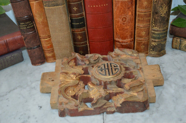 Antique Chinese Wood Gilt Relief Fragment Panel Birds Floral Squirrel Symbol