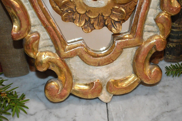 Antique Italian Painted Gilded Carved Wood Mirror and Figural Cherub Putto Head