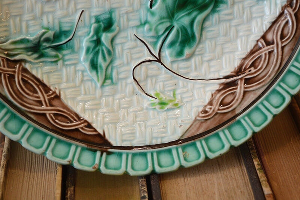 Antique Majolica Plate Morning Glory Napkin Green Brown 1880's