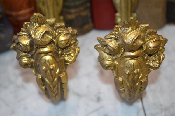 Antique Set of 3 French Gilt Bronze Ormolu Drapery Tie Back Hooks Floral Roses