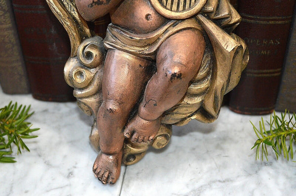 Vintage German Winged Cherub Playing Harp Wax Sculpture Figure