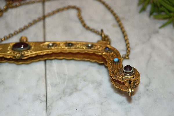 Antique French Gilt Brass Purse Frame Chain Jewel Cabochons Figural Cherub As Is