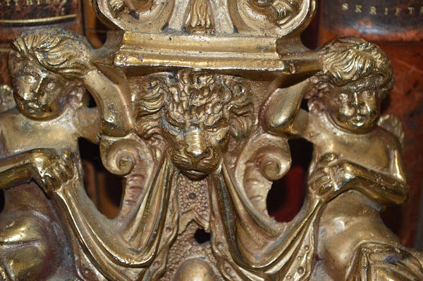 Antique Pair French Brass Andirons Chenets Figural Females Cherubs Satyr Fauns