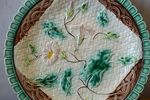 Antique Majolica Plate Morning Glory Napkin Green Brown 1880's