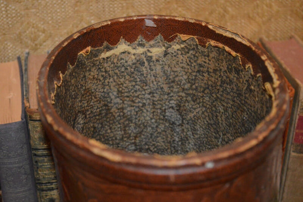 Antique English Embossed Leather Wastebasket Trash Can Arts and Crafts Style