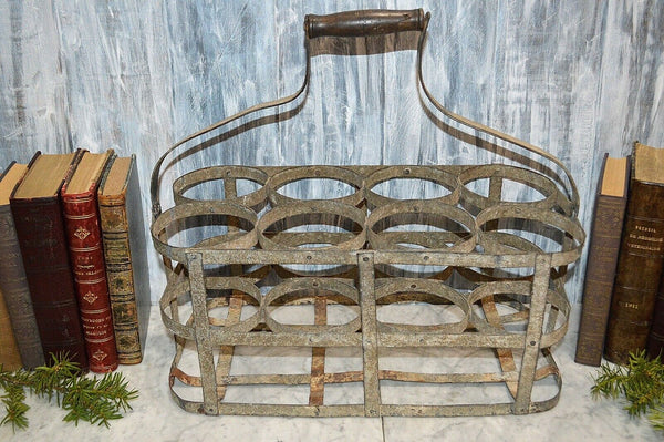 Antique French 8 Bottle Carrier Zinc with Wood Handle Caddy Holder