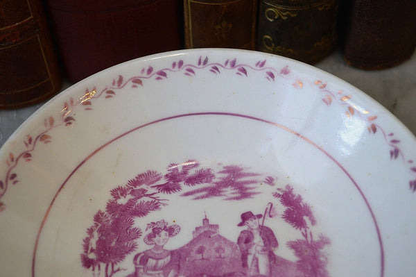 Antique Small English Staffordshire Bowl Pastoral Sheep Transferware Pink Lustre