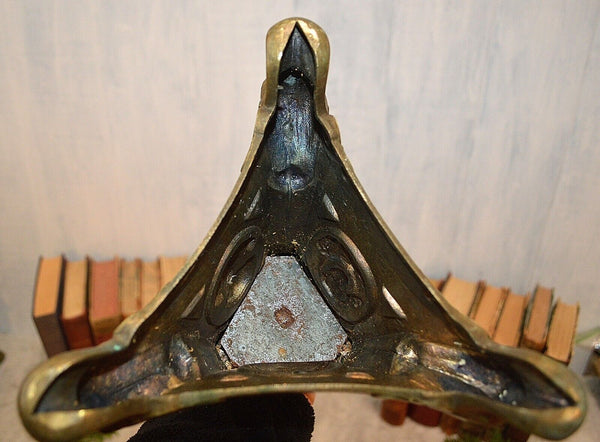 Antique Large French Pair Brass Altar Candle Holders Prickets 28" Jesus Dove