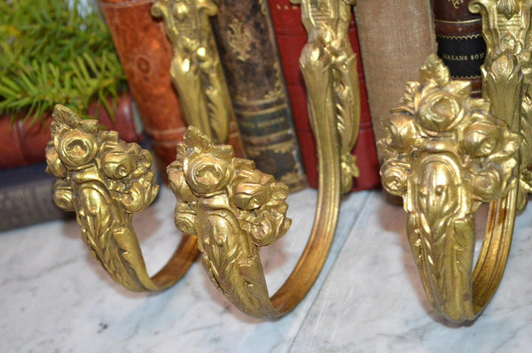 Antique Set of 3 French Gilt Bronze Ormolu Drapery Tie Back Hooks Floral Roses