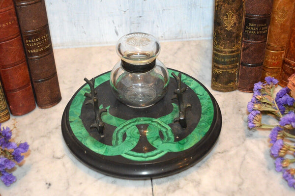 Antique Malachite Black Marble Desk Set Inkwell Pen Stand