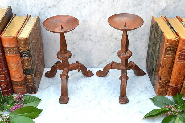 Antique Pair Cast Iron Rusty Red Fireplace Prong Candle Holders Candlesticks