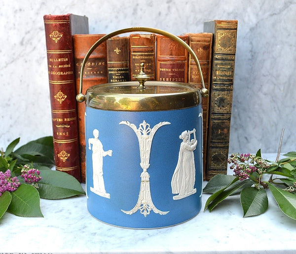 Antique Jasper Dudson England Blue Jasperware Biscuit Barrel Jar Classic Figures
